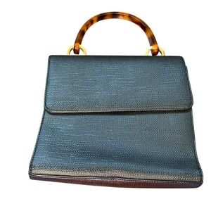 Preston & York‎ black vinyl faux grass cloth woven purse acrylic tortoise handle